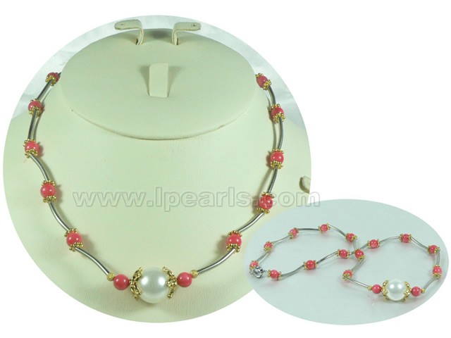 6mm pink round coral necklace with white round shell pearl